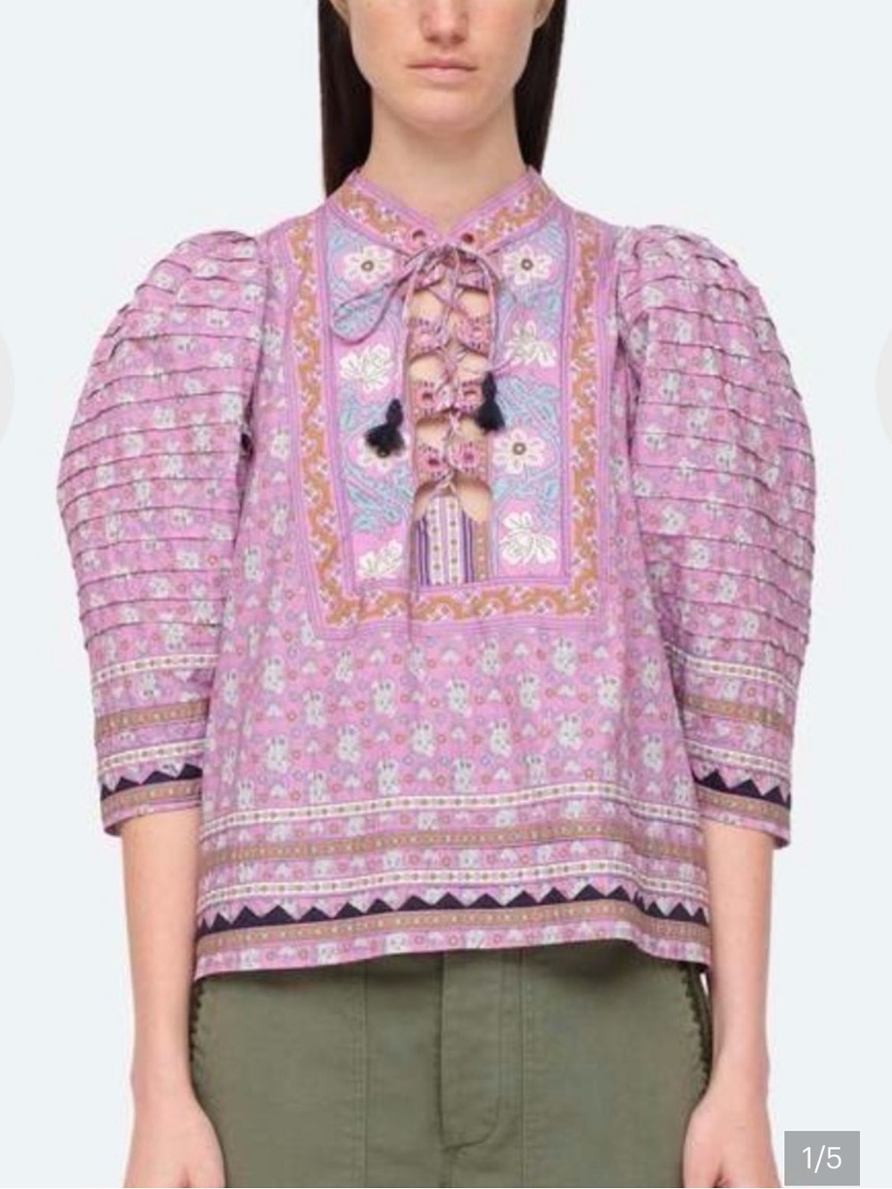 NWOT SEA New York "Lilac Perry" Border Puff Sleeve Bohemian Top Size Small